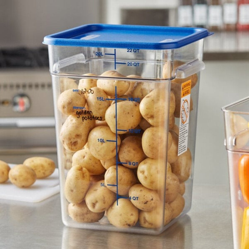 Vigor 22 Qt. Clear Square Polycarbonate Food Storage Container And Blue Lid - 6/Pack