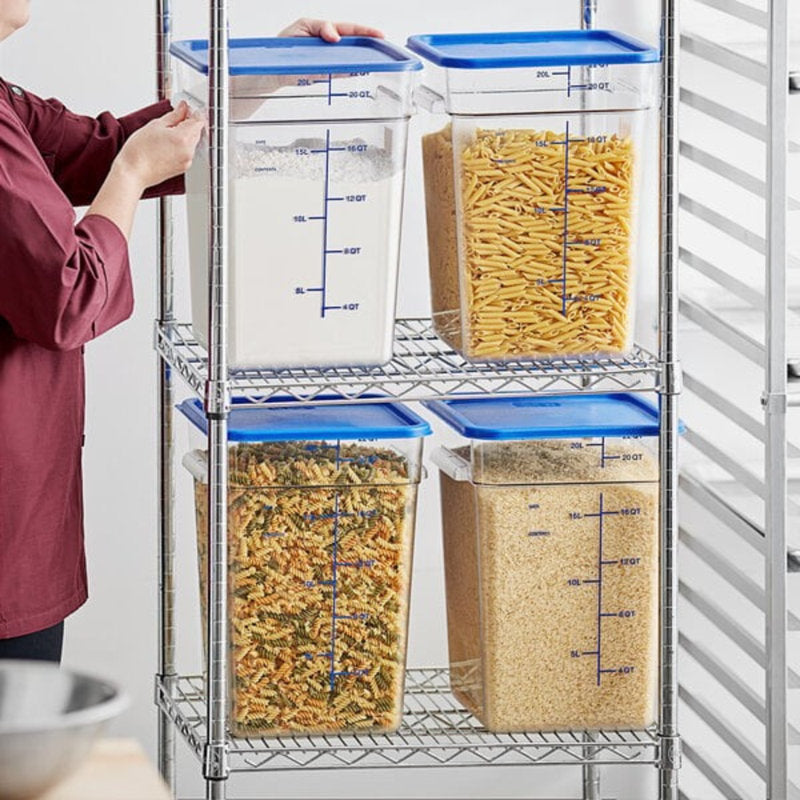 Vigor 22 Qt. Clear Square Polycarbonate Food Storage Container And Blue Lid - 6/Pack